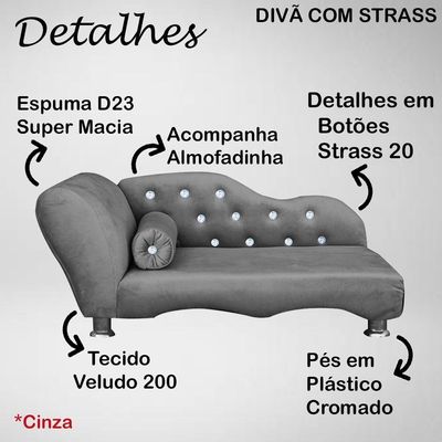 Cama Caminha Diva Pet Veludo Strass Cinza Dvinn Cinza