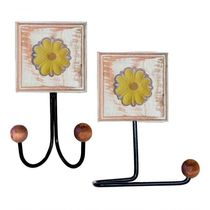 Kit Banheiro 2 Peças 1 Toalheiro Duplo + 1 Porta Papel Higiênico Artesanal Flor Madeira Cor Amarelo