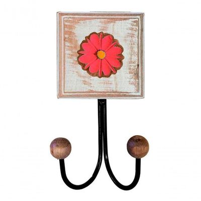 Kit Banheiro 2 Peças 1 Toalheiro Duplo + 1 Porta Papel Higiênico Artesanal Flor Madeira Cor Vermelho