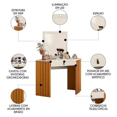 Penteadeira Camarim De Canto Com Espelho 1 Gaveta Glitter Cinamomo-off White - Albatroz