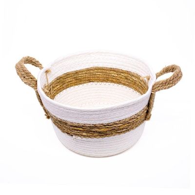Cesta De Fibra Natural Seagrass Listrado Branco 23x30x30 Cm
