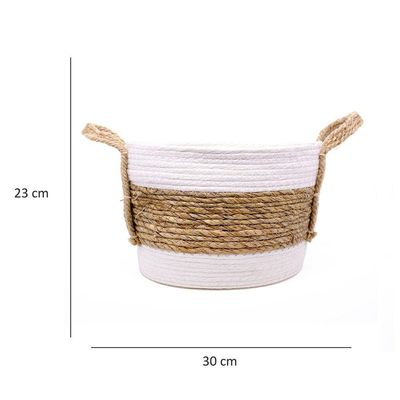 Cesta De Fibra Natural Seagrass Listrado Branco 23x30x30 Cm