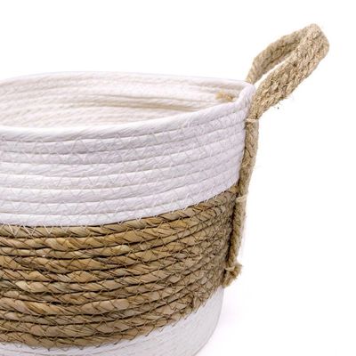Cesta De Fibra Natural Seagrass Listrado Branco 23x30x30 Cm