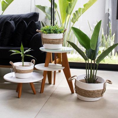 Cesta De Fibra Natural Seagrass Listrado Branco 23x30x30 Cm