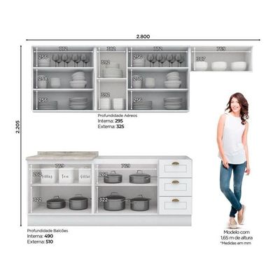 Kit Cozinha Modulada 6 Peças Americana (3Aéreos+2Balcões+1Complemento) s/Pia CZ153 Branco - Henn