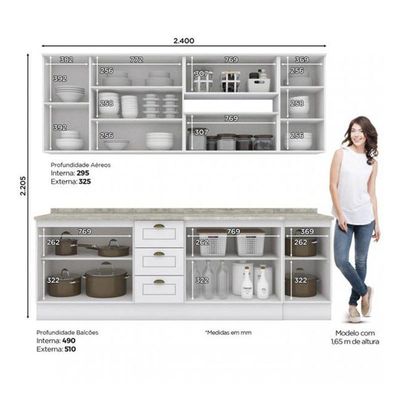 Cozinha Completa Americana 7 Peças Branco Com Aéreo Vidro - Móveis Henn Branco