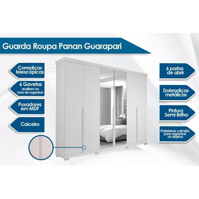 Guarda Roupa 6 Portas (2 c/ Espelho) e 6 Gavetas c/ Pés Guarapari Cinamomo - Panan