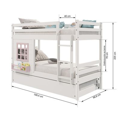 Treliche Infantil Com Janela Madeira Maciça Branco/ Rosa Housin