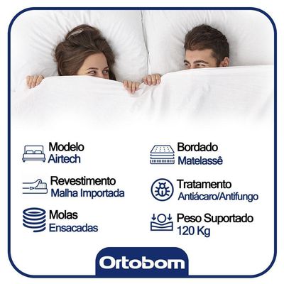 Cama Box Casal Suede + Colchão Casal Ortobom Airtech Molas Springpocket (65x138x188) Bege