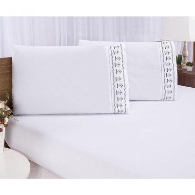 Jogo Lençol Queen Bordado 3 Peças Branco Cinza Tulipa Quarto