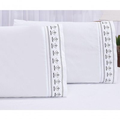 Jogo Lençol Queen Bordado 3 Peças Branco Cinza Tulipa Quarto