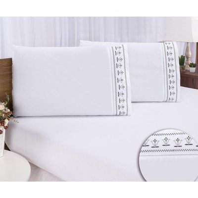 Jogo Lençol Queen Bordado 3 Peças Branco Cinza Tulipa Quarto