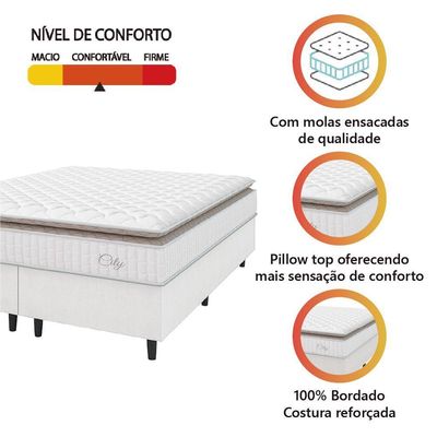 Cama Box Colchão Casal King Molas Ensacadas City Pillow Top 193x203x61cm Linho Branco Bege