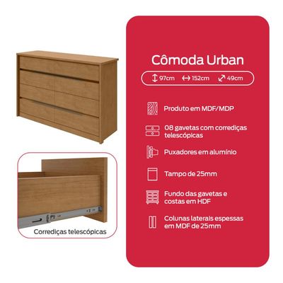 Cômoda Urban 8 Gavetas Amêndoa Clean