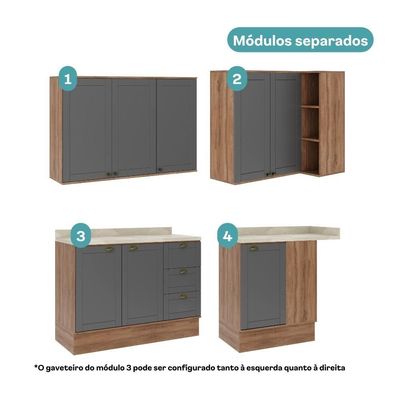 Armário De Cozinha Completa C Balcão Milla Bee Carraro Nogal Cinza Titânio
