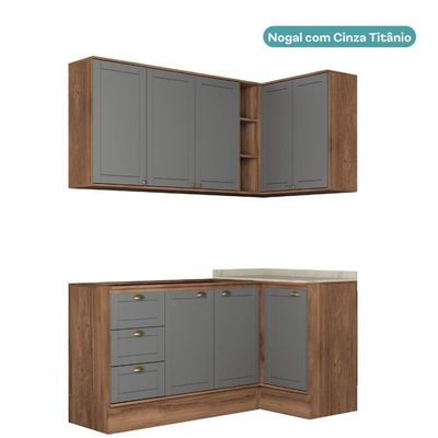 Armário De Cozinha Completa C Balcão Milla Whisper Carraro Nogal Cinza Titânio