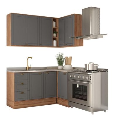 Armário De Cozinha Completa C Balcão Milla Whisper Carraro Nogal Cinza Titânio