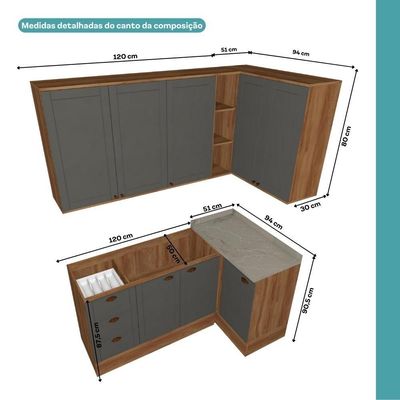 Armário De Cozinha Completa C Balcão Milla Whisper Carraro Nogal Cinza Titânio