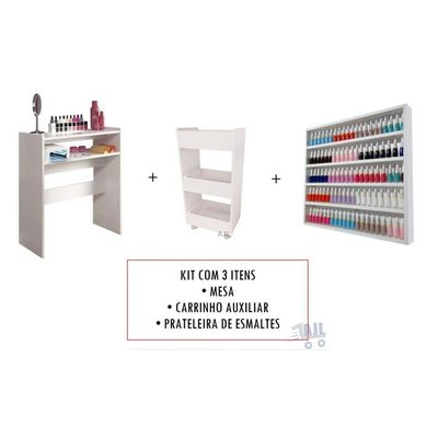 Kit Prateleira De Esmaltes Expositor Carrinho Auxiliar e Mesa Madeira