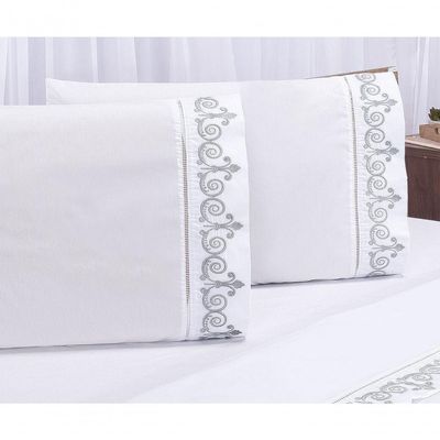 Jogo Lençol Atenas Quarto Casal Padrão Bordado 4 Peças 2fronha Cor:branco Com Cinza