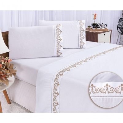 Jogo Lençol Atenas Quarto Casal Padrão Bordado 4 Peças 2fronha Cor:branco Com Cinza
