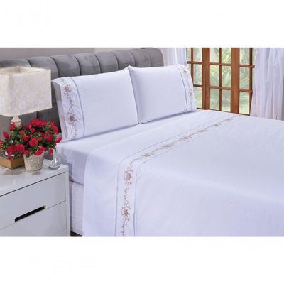 Jogo Lençol Fluence Quarto Casal King Bordado 4 Peças 2fronha Cor: Branco Com Caqui