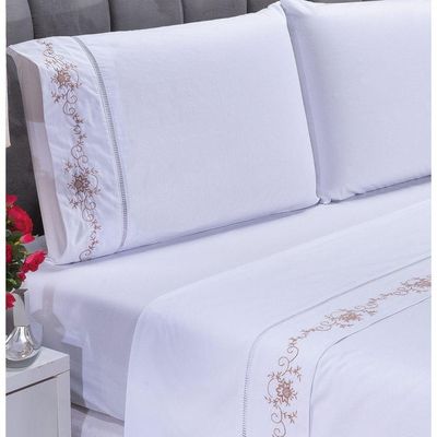 Jogo Lençol Fluence Quarto Casal King Bordado 4 Peças 2fronha Cor: Branco Com Caqui