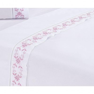 Jogo Lençol Veneza Quarto Casal Padrão Bordado 4 Peças 2fronha Cor: Branco Com Rose