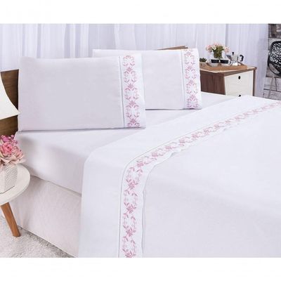 Jogo Lençol Veneza Quarto Casal Padrão Bordado 4 Peças 2fronha Cor: Branco Com Rose