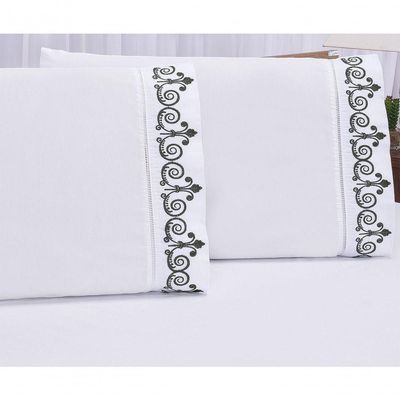 Jogo Lençol Quarto Casal Padrão Bordado 3 Pç Branco Petróleo