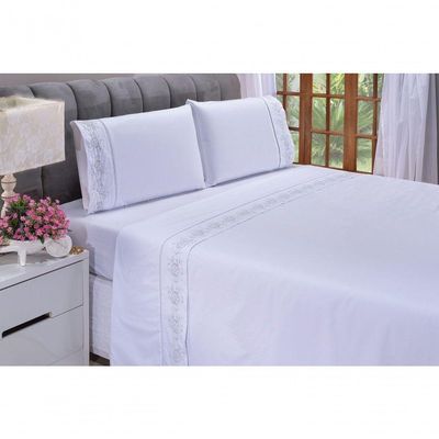 Jogo Lençol Floral Quarto Casal King Bordado 4 Peças 2fronha Cor: Branco Com Cinza