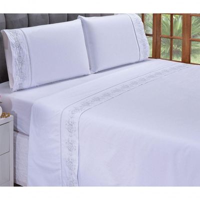 Jogo Lençol Floral Quarto Casal King Bordado 4 Peças 2fronha Cor: Branco Com Cinza