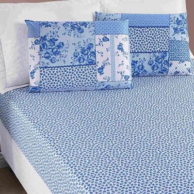 Jogo De Lençol Ayla Casal Queen 3 Peças Microfibra Estampada Floral - Azul Sereno