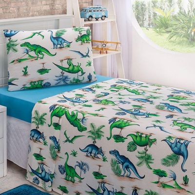 Jogo Cama Lençol Diverkids Solteiro Infantil Malha Soft 100% Algodão 3 Peças - Dinossauro Verde Azul