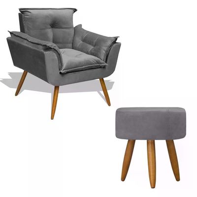 Kit Poltrona Decorativa Opala Com Puff Redondo - Cinza Cinza