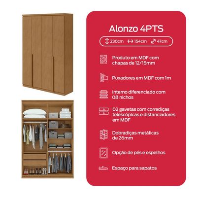 Guarda-Roupa Solteiro Alonzo 4 portas 2 Gavetas Amêndoa Clean
