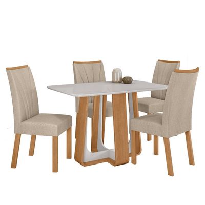 Conjunto Sala de Jantar Mesa Easy Pop 120x80cm Tampo Vidro/MDF com 4 Cadeiras Confort Amêndoa/Off