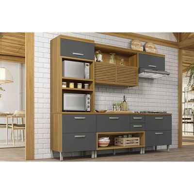 Kit Cozinha Modulada 4 Peças Princesa (1Aéreo+2Balcões+1Paneleiro) C6P65 Freijo/Grafite - Nesher