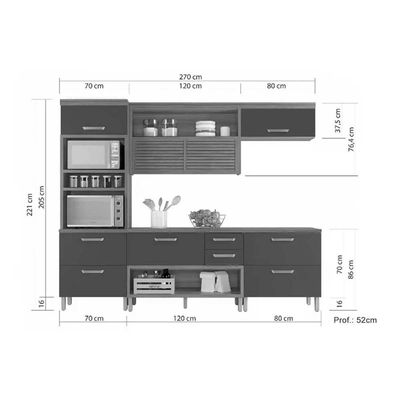 Kit Cozinha Modulada 4 Peças Princesa (1Aéreo+2Balcões+1Paneleiro) C6P65 Freijo/Grafite - Nesher