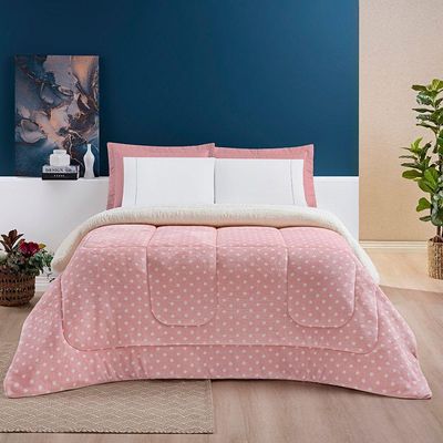 Edredom Coberdrom Romantico Poá Queen Sherpa E Manta Flannel - Rosê
