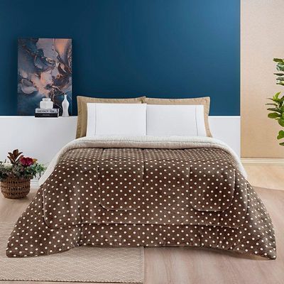 Edredom Coberdrom Romantico Poá Solteiro Sherpa E Manta Flannel - Caqui