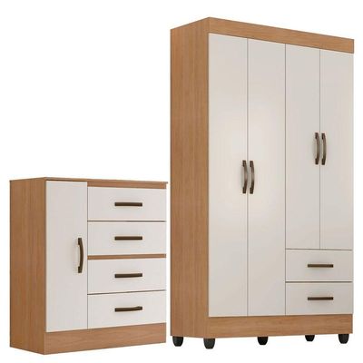 Kit Guarda-roupa Solteiro 4 Portas Com Cômoda Sapateira Lisa Nature/off White