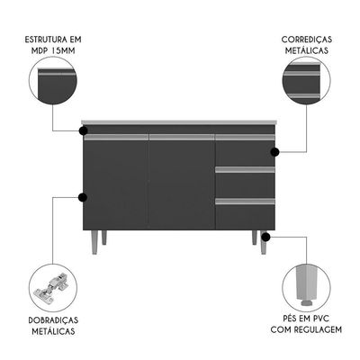 Balcão De Cozinha Com Pia Inox 100cm 3 Gavetas Andréia Cinza - Ajl Móveis