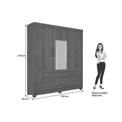 Guarda Roupa Casal 6 Portas (2 c/ Espelho) e 4 Gavetas c/ Pés Guarapuava 6.4 Jatobá - Santos Andirá