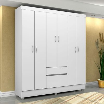 Guarda-Roupa Solteiro Sória Flex 6 Portas 2 Gavetas Branco e Rosa