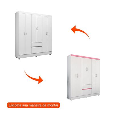Guarda-Roupa Solteiro Sória Flex 6 Portas 2 Gavetas Branco e Rosa