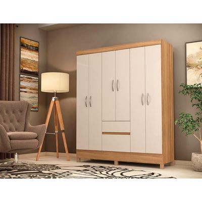 Guarda-Roupa Solteiro Sória 6 Portas 2 Gavetas Amêndola e Off White