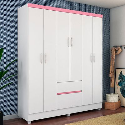 Guarda-Roupa Solteiro Sória Flex 6 Portas 2 Gavetas Branco e Rosa