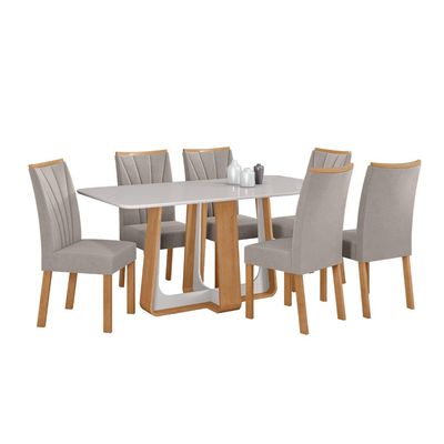 Conjunto Sala de Jantar Mesa Easy Pop 170x90 com 6 Cadeiras Confort Veludo Capuccino Amendoa/off