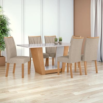 Mesa 1,70 Apogeu Com Vidro e 6 Cadeiras Apogeu Tecido Linho Rinzai Bege Amendoa Clean/Off White